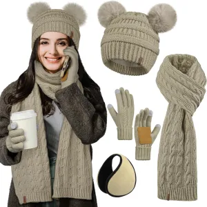 Aneco Women Winter Beanie Hat Scarf Gloves Set Warm Fleece Cap with PomPom Knit Anti-Slip Touchscreen Gloves for Cold Weather