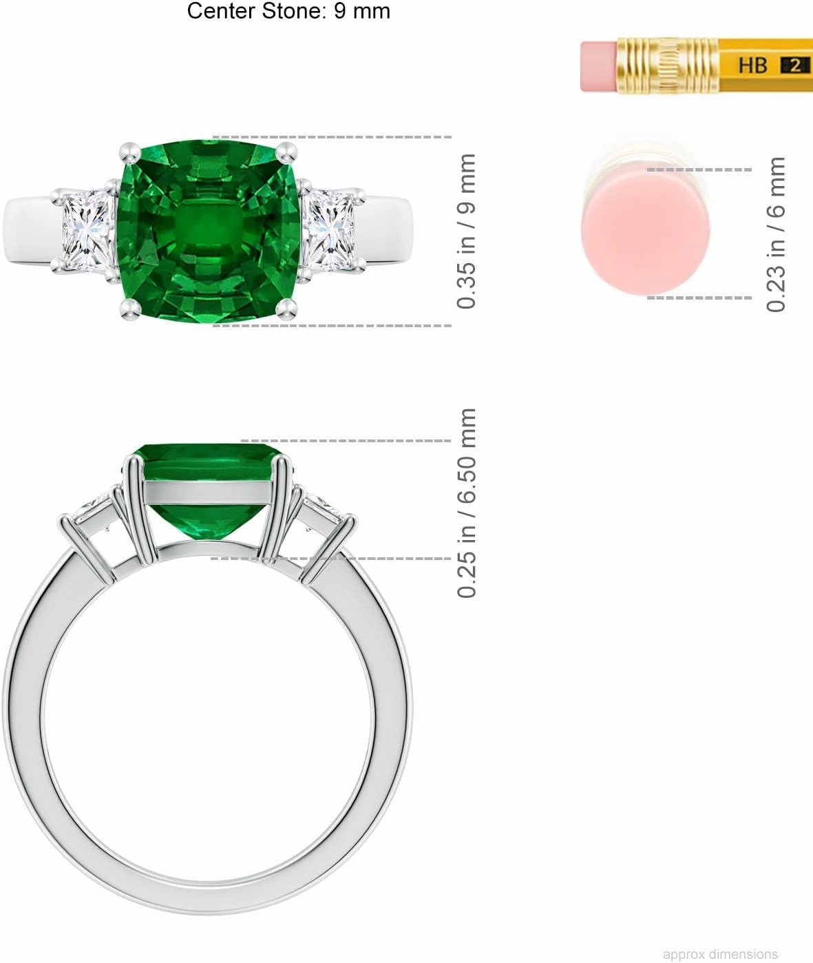 Angara Classic Cushion Lab Grown Emerald and Trapezoid Diamond Three Stone Engagement Ring in 14K Solid Gold/Platinum | May Birthstone, Birthday, Anniversary, Wedding Jewelry Gift for Women