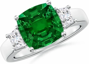 Angara Classic Cushion Lab Grown Emerald and Trapezoid Diamond Three Stone Engagement Ring in 14K Solid Gold/Platinum | May Birthstone, Birthday, Anniversary, Wedding Jewelry Gift for Women