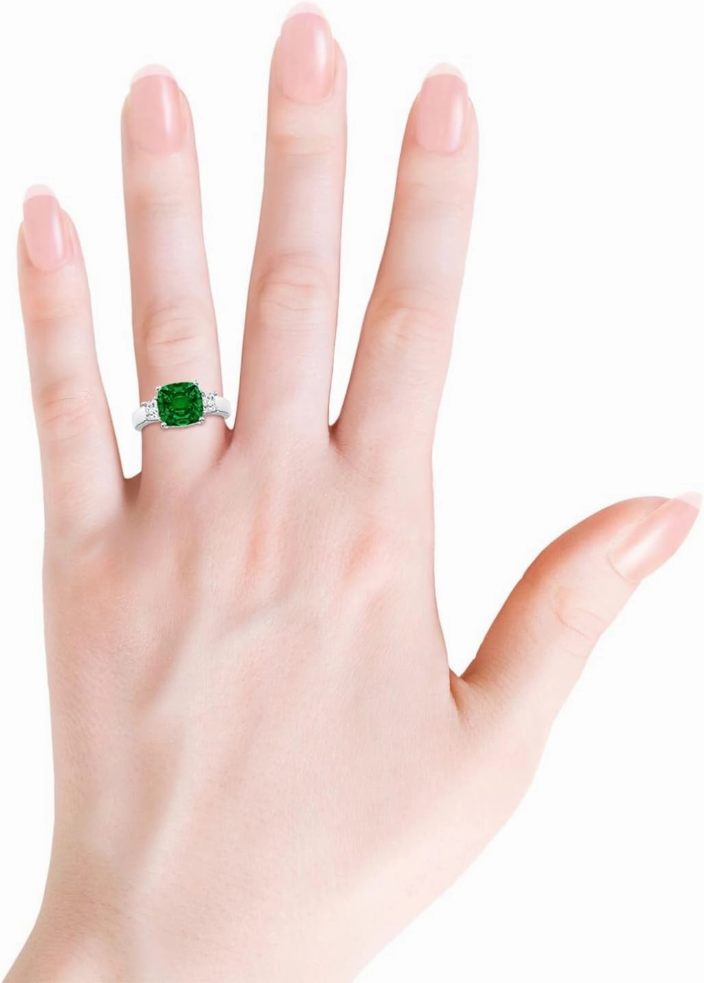 Angara Classic Cushion Lab Grown Emerald and Trapezoid Diamond Three Stone Engagement Ring in 14K Solid Gold/Platinum | May Birthstone, Birthday, Anniversary, Wedding Jewelry Gift for Women