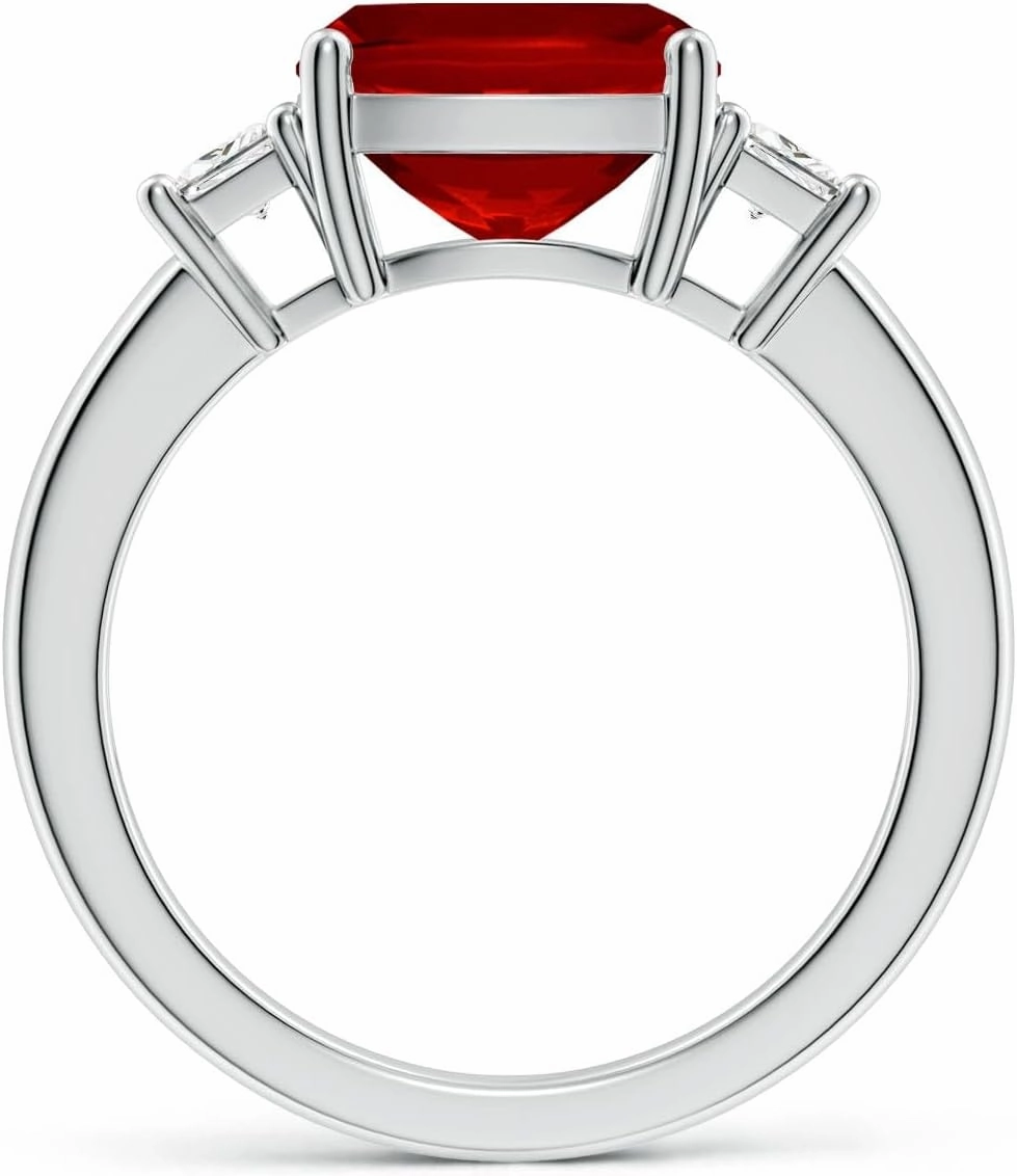Angara Classic Cushion Lab Grown Ruby and Trapezoid Diamond Three Stone Engagement Ring in 14K Solid Gold/Platinum | July Birthstone, Birthday, Anniversary, Wedding Jewelry Gift for Women