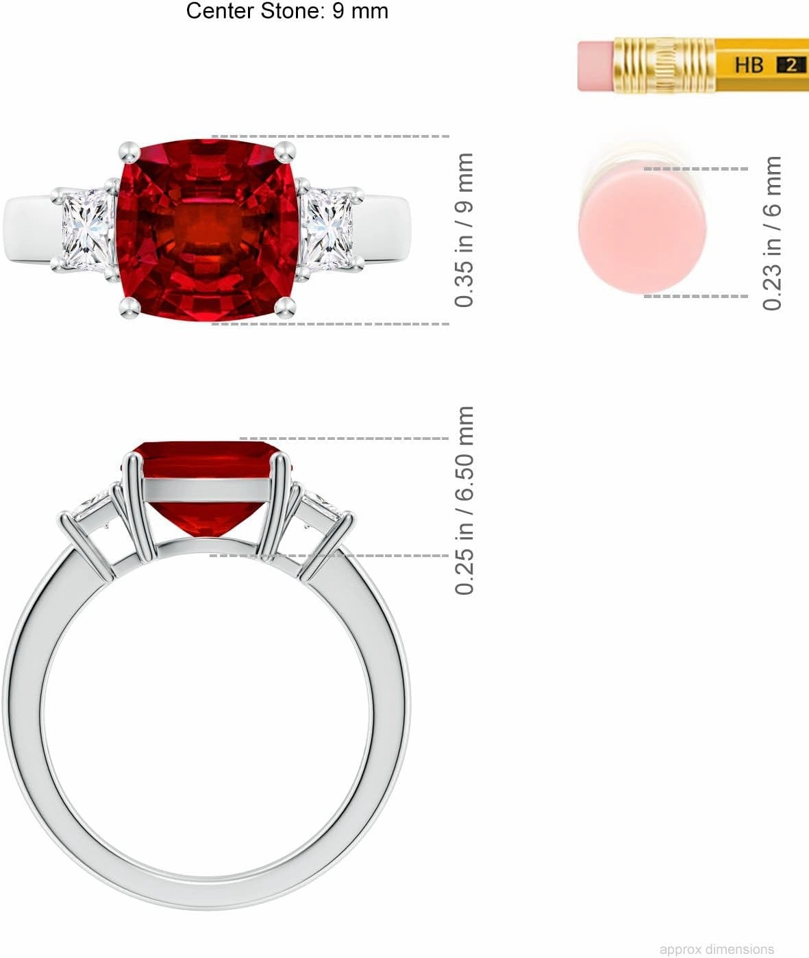 Angara Classic Cushion Lab Grown Ruby and Trapezoid Diamond Three Stone Engagement Ring in 14K Solid Gold/Platinum | July Birthstone, Birthday, Anniversary, Wedding Jewelry Gift for Women