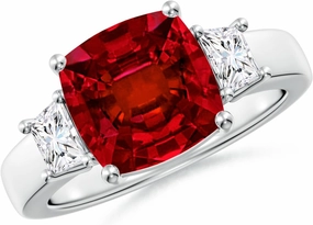 Angara Classic Cushion Lab Grown Ruby and Trapezoid Diamond Three Stone Engagement Ring in 14K Solid Gold/Platinum | July Birthstone, Birthday, Anniversary, Wedding Jewelry Gift for Women