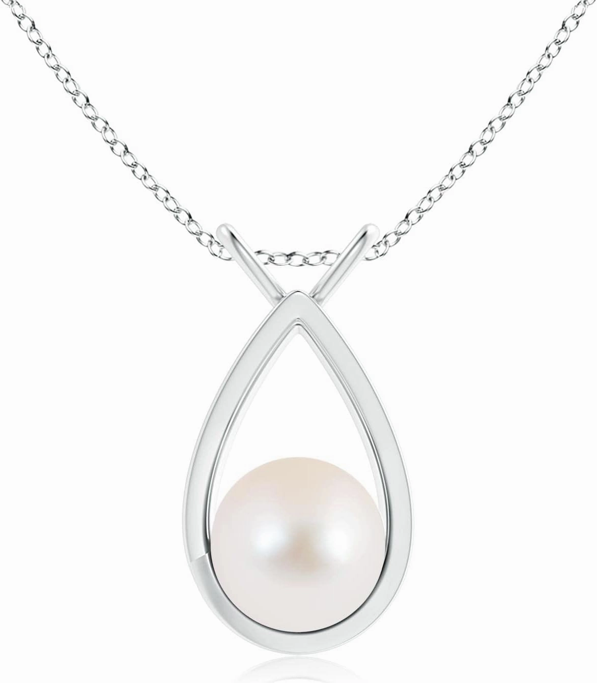 Angara Solitaire Freshwater Cultured Pearl V-Bale Drop Pendant Necklace for Women in Sterling Silver / 14K Solid Gold | | June Birthstone, Birthday, Engagement, Anniversary Jewelry Gift for Women