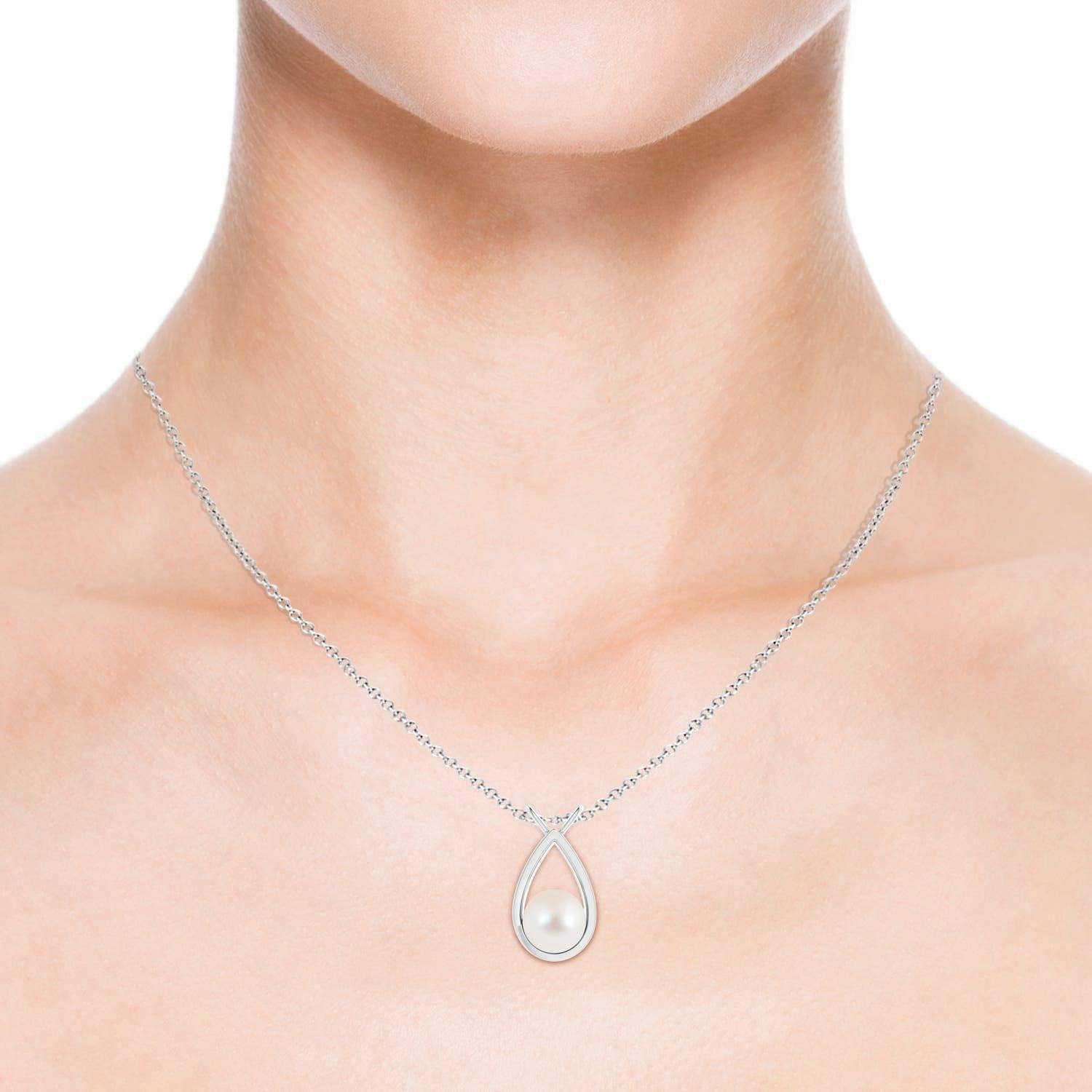 Angara Solitaire Freshwater Cultured Pearl V-Bale Drop Pendant Necklace for Women in Sterling Silver / 14K Solid Gold | | June Birthstone, Birthday, Engagement, Anniversary Jewelry Gift for Women