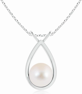 Angara Solitaire Freshwater Cultured Pearl V-Bale Drop Pendant Necklace for Women in Sterling Silver / 14K Solid Gold | | June Birthstone, Birthday, Engagement, Anniversary Jewelry Gift for Women