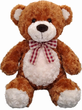 Anico 20" Holiday Honey Brown Bear with Plaid Ribbon – Plush Teddy Bear, Soft Stuffed Animal for Gifting and Seasonal Decor