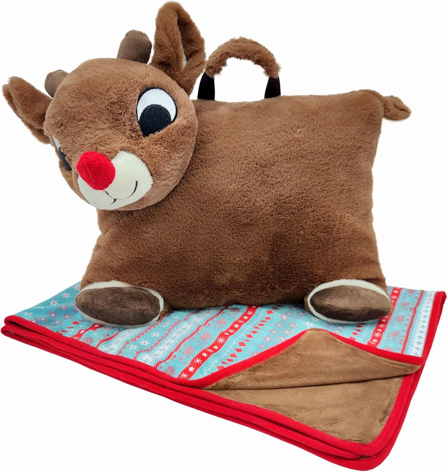 Animal Adventure®| Rudolph The Red-Nosed Reindeer®|Rudolph| Character Cuddle Combos™| 2-in-1 Stow-n-Throw Cuddle Bud with Carrying Handle & Zipper Pouch for Blanket Storage Set –29" W x 40" H Blanket