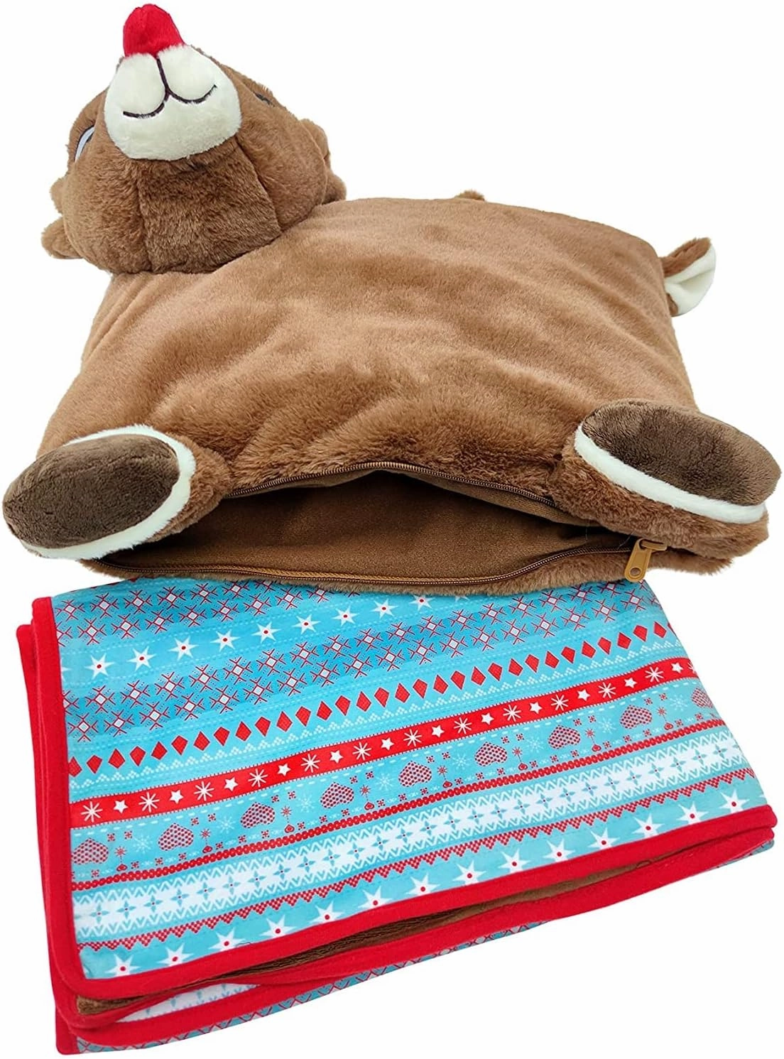 Animal Adventure®| Rudolph The Red-Nosed Reindeer®|Rudolph| Character Cuddle Combos™| 2-in-1 Stow-n-Throw Cuddle Bud with Carrying Handle & Zipper Pouch for Blanket Storage Set –29" W x 40" H Blanket