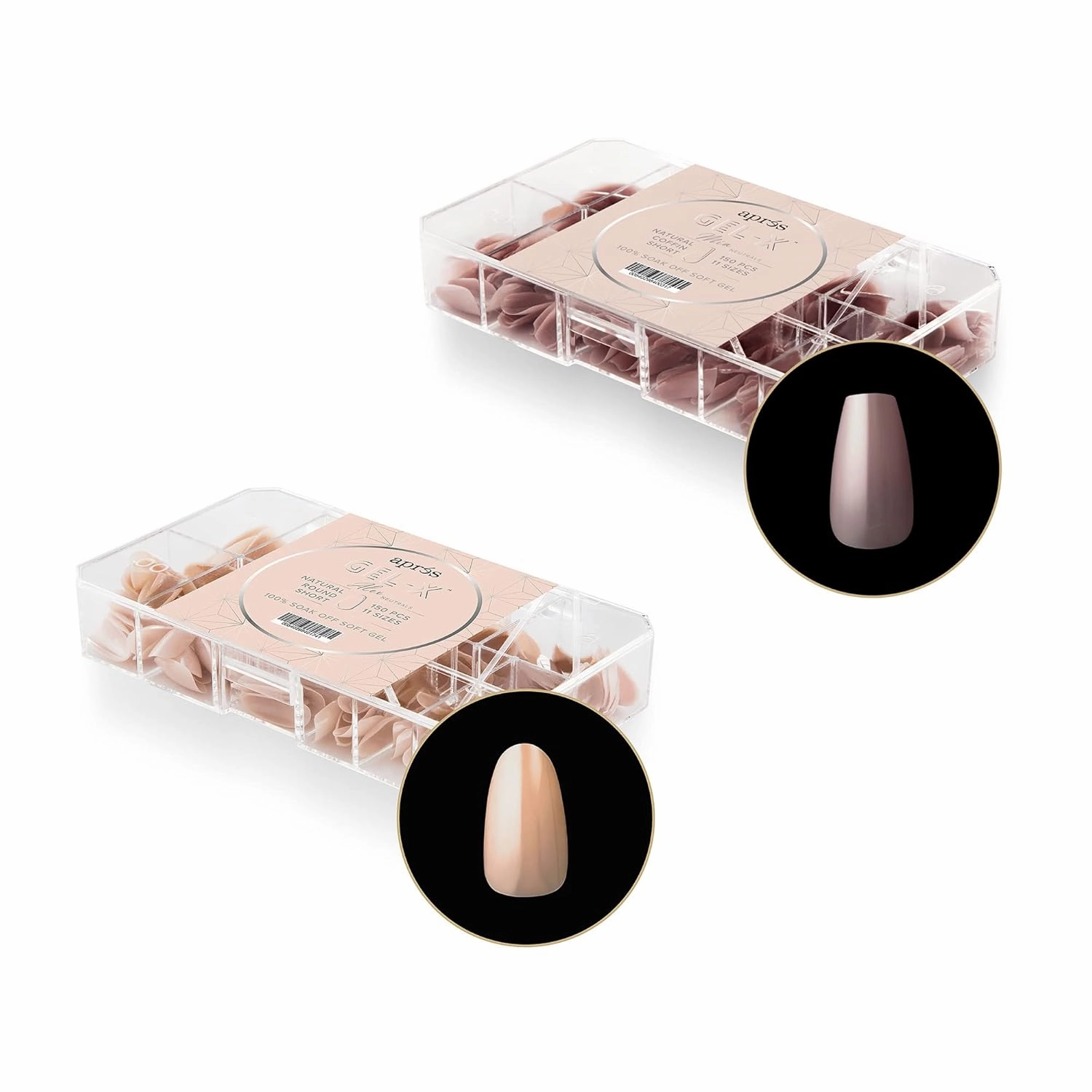 Apres Nail Neutrals Gel-X Mia Natural Coffin Short & Alex Natural Round Short Box of Tips Bundle | Includes 300 Gel-X Tips | Premium Quality | 11 Sizes 00-9