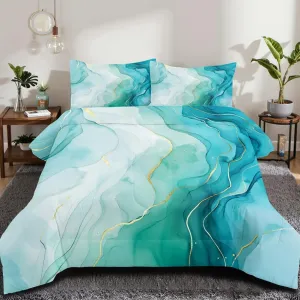 Aqua Marble Comforter Set Queen Size Blue Gold Marble Print Bedding Set for Women Men Soft Light Blue Marbling Down Comforter Golden Glitter Abstract Art Bedding Comforter Set 3 Pieces