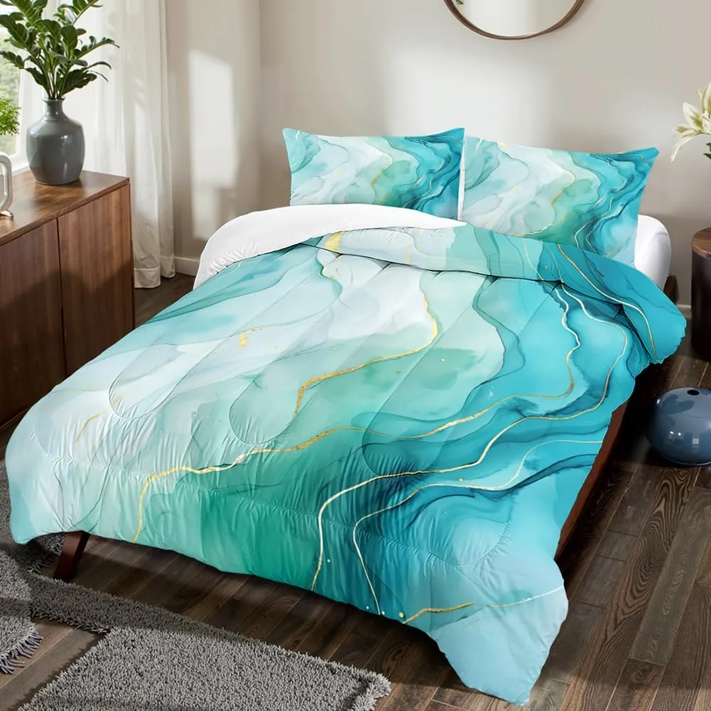 Aqua Marble Comforter Set Queen Size Blue Gold Marble Print Bedding Set for Women Men Soft Light Blue Marbling Down Comforter Golden Glitter Abstract Art Bedding Comforter Set 3 Pieces