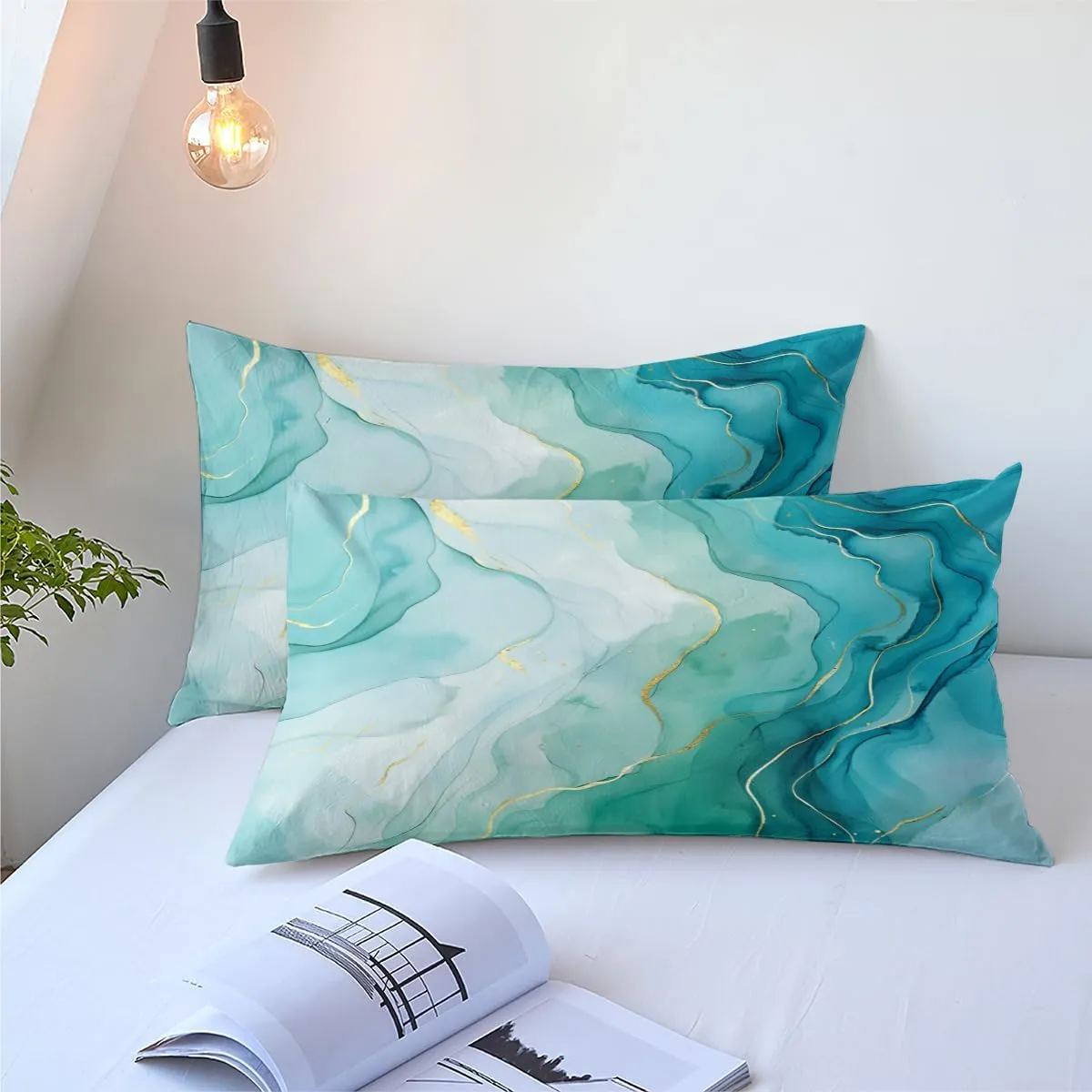 Aqua Marble Comforter Set Queen Size Blue Gold Marble Print Bedding Set for Women Men Soft Light Blue Marbling Down Comforter Golden Glitter Abstract Art Bedding Comforter Set 3 Pieces