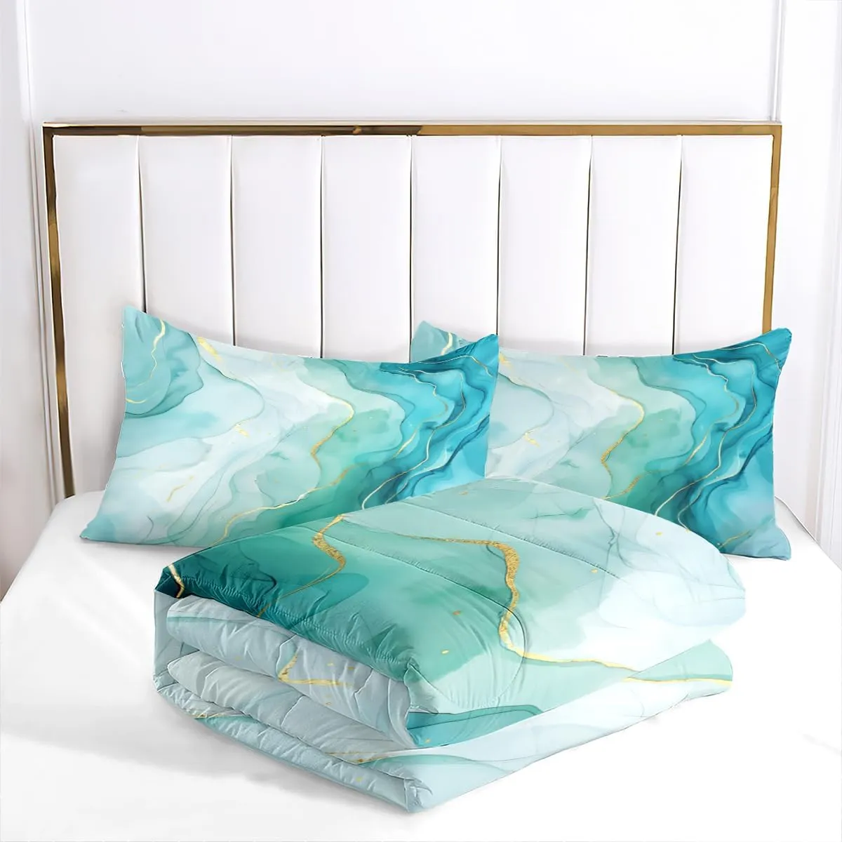Aqua Marble Comforter Set Queen Size Blue Gold Marble Print Bedding Set for Women Men Soft Light Blue Marbling Down Comforter Golden Glitter Abstract Art Bedding Comforter Set 3 Pieces
