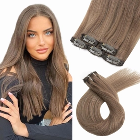 Ash Brown clip in hair extensions Natural Remy Real Human straight Hair Extensions 30g 5pcs 18 Inch