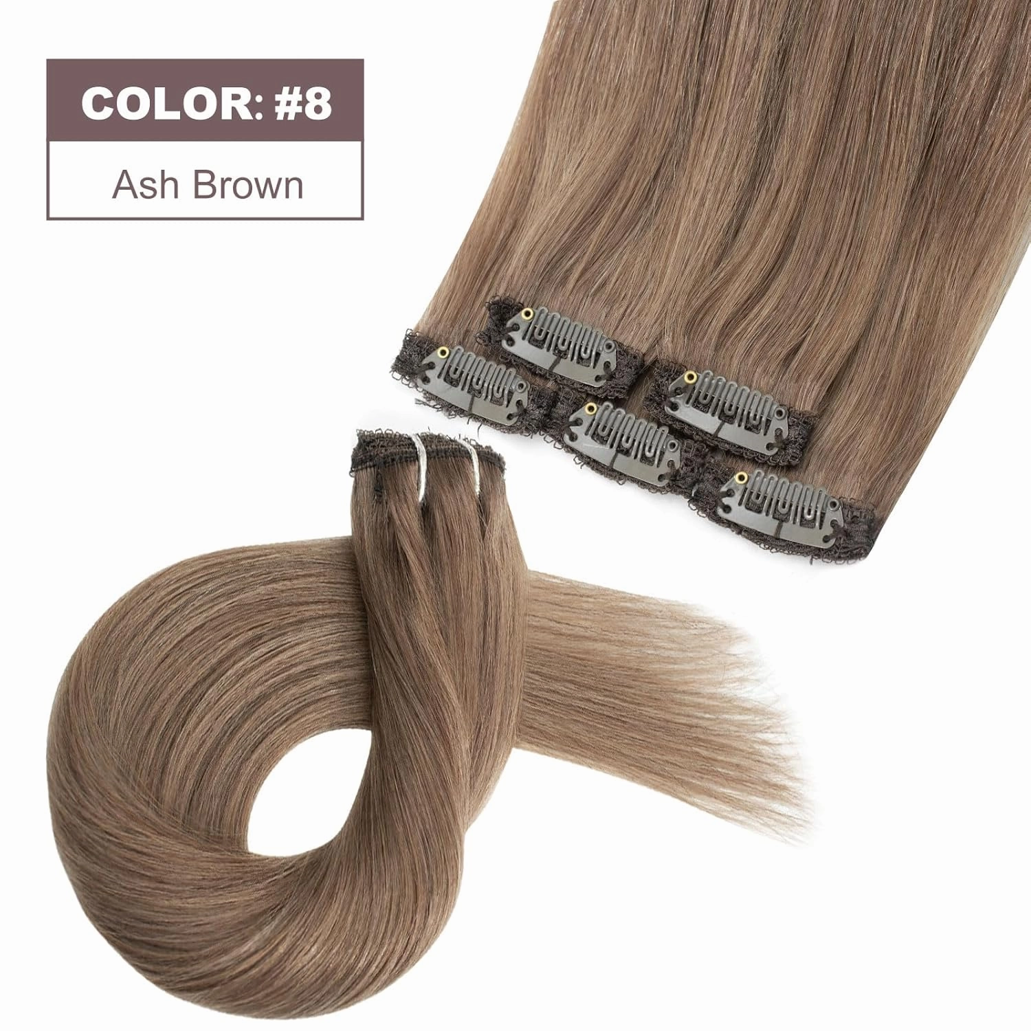 Ash Brown clip in hair extensions Natural Remy Real Human straight Hair Extensions 30g 5pcs 18 Inch