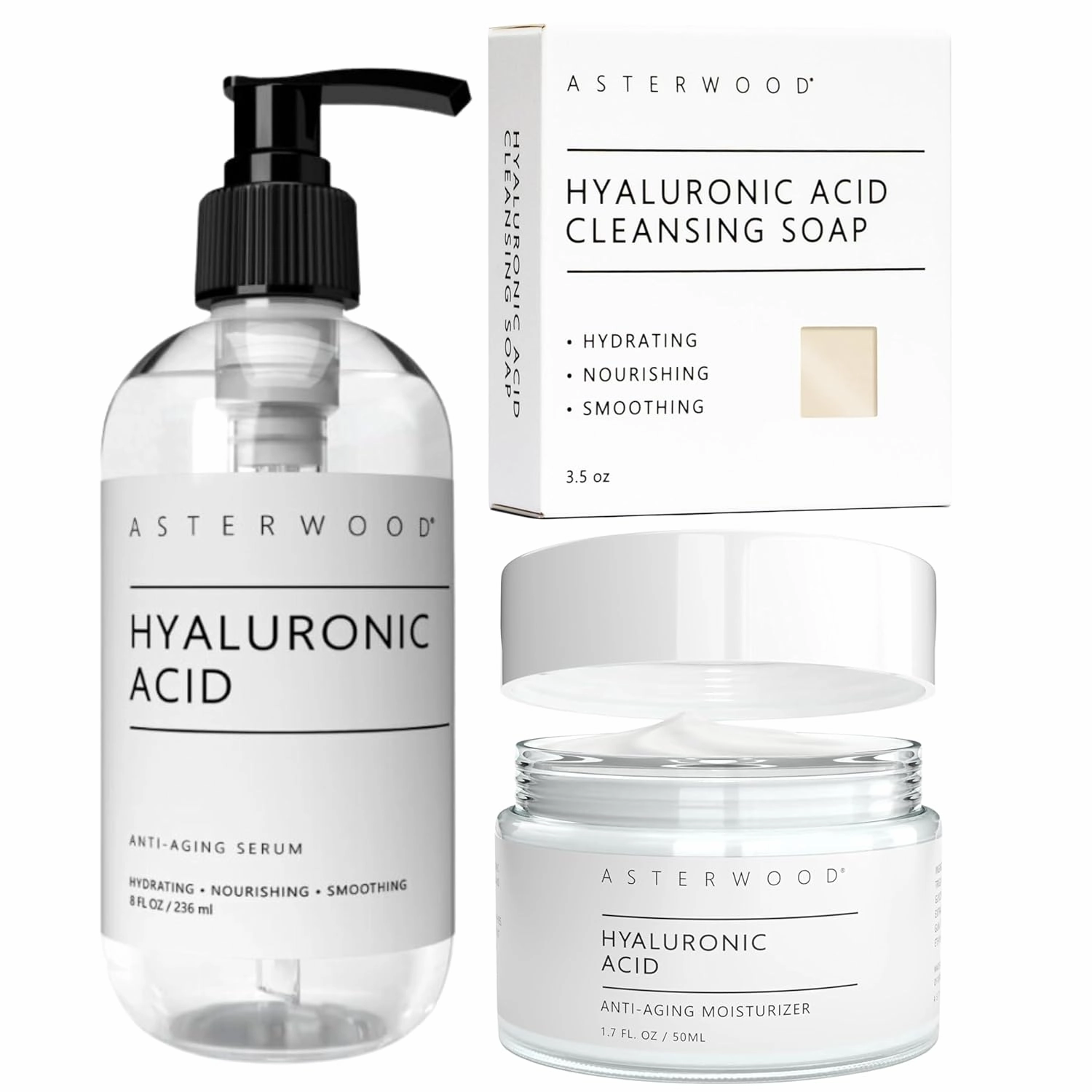 Asterwood Hyaluronic Acid Serum 8 oz, Hyaluronic Acid Moisturizer 1.7 oz, & Hyaluronic Acid Face Bar 3.5 oz