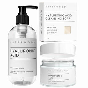 Asterwood Hyaluronic Acid Serum 8 oz, Hyaluronic Acid Moisturizer 1.7 oz, & Hyaluronic Acid Face Bar 3.5 oz