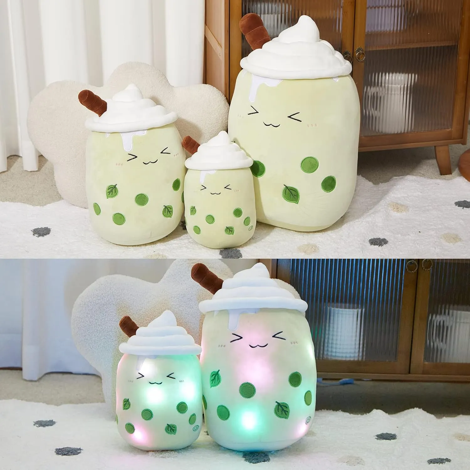 Athoinsu Light Up Matcha Boba Milk Tea Plush Pillow 15'' Kawaii Stuffed Bubble Animal Toy with LED Lights Birthday Christmas Holiday Valentines Gifts for Kids,Girls,Boys