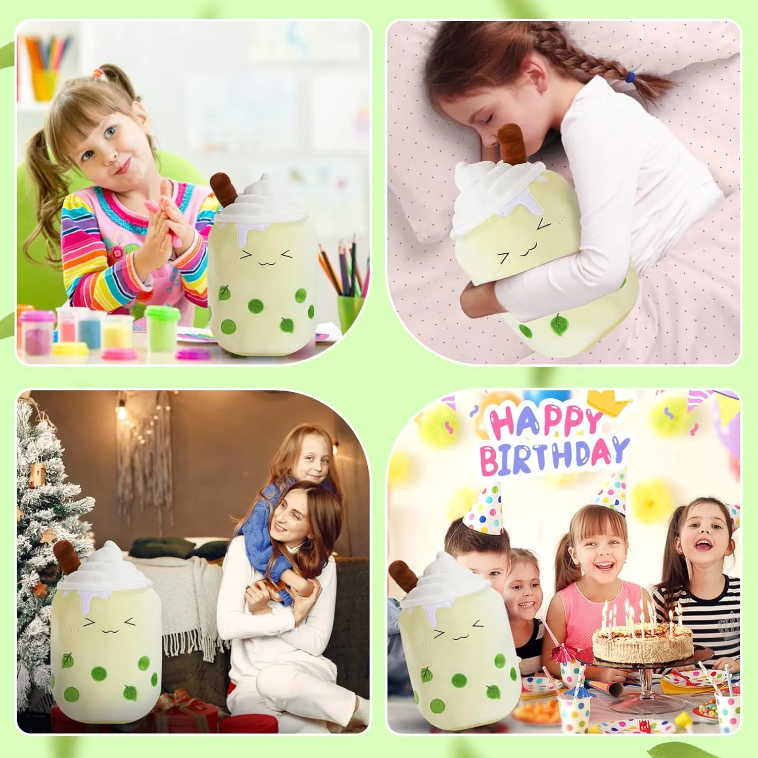 Athoinsu Light Up Matcha Boba Milk Tea Plush Pillow 15'' Kawaii Stuffed Bubble Animal Toy with LED Lights Birthday Christmas Holiday Valentines Gifts for Kids,Girls,Boys