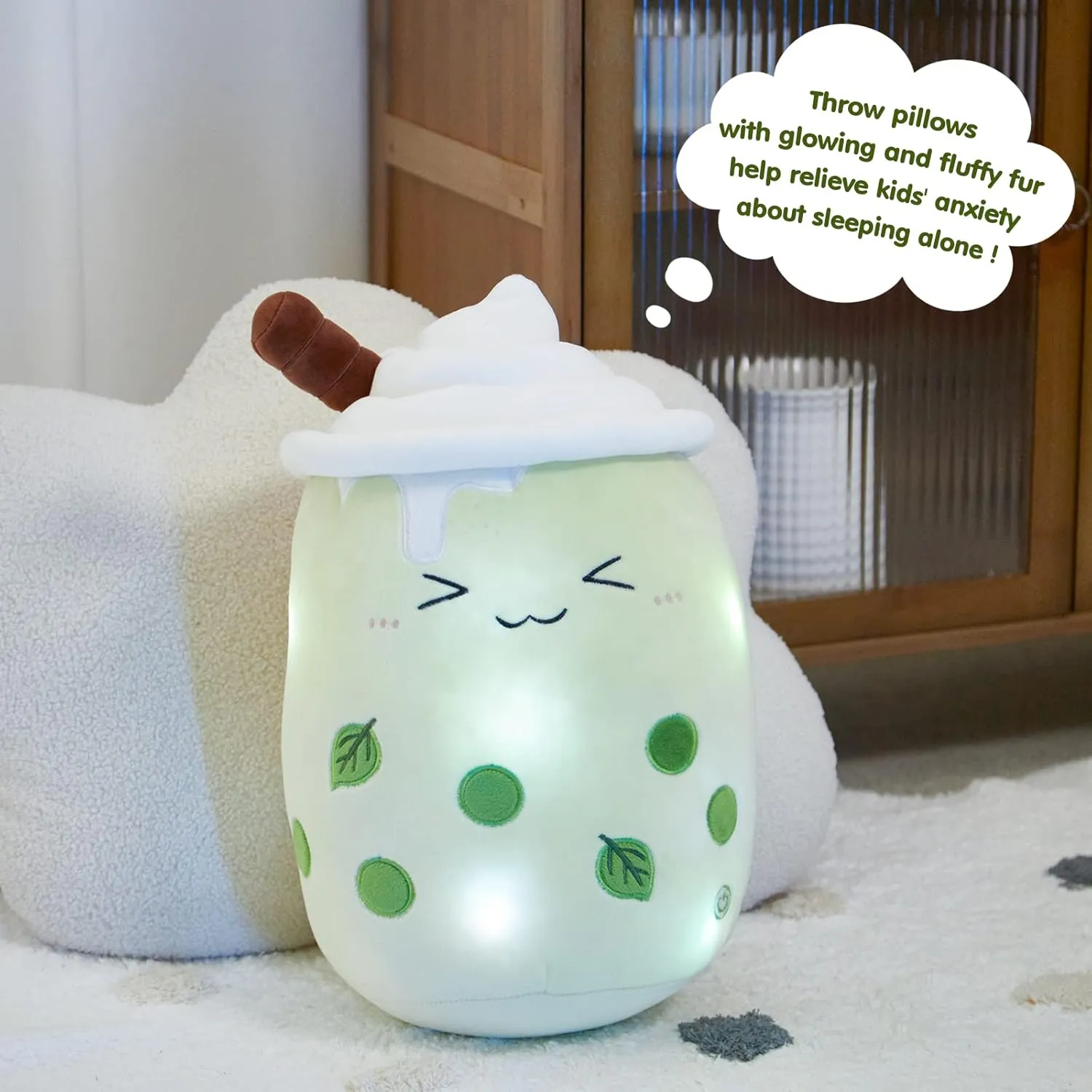 Athoinsu Light Up Matcha Boba Milk Tea Plush Pillow 15'' Kawaii Stuffed Bubble Animal Toy with LED Lights Birthday Christmas Holiday Valentines Gifts for Kids,Girls,Boys