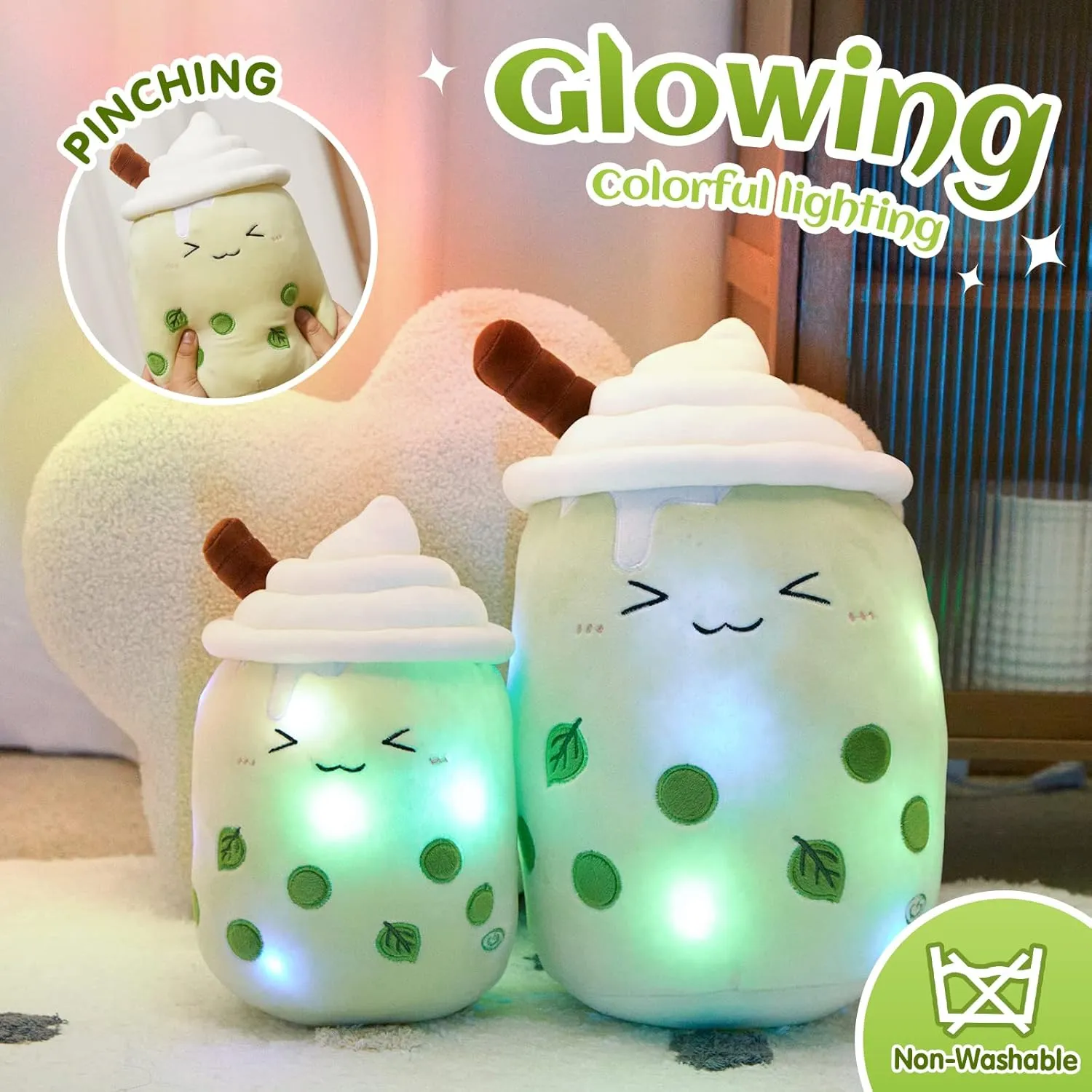 Athoinsu Light Up Matcha Boba Milk Tea Plush Pillow 15'' Kawaii Stuffed Bubble Animal Toy with LED Lights Birthday Christmas Holiday Valentines Gifts for Kids,Girls,Boys