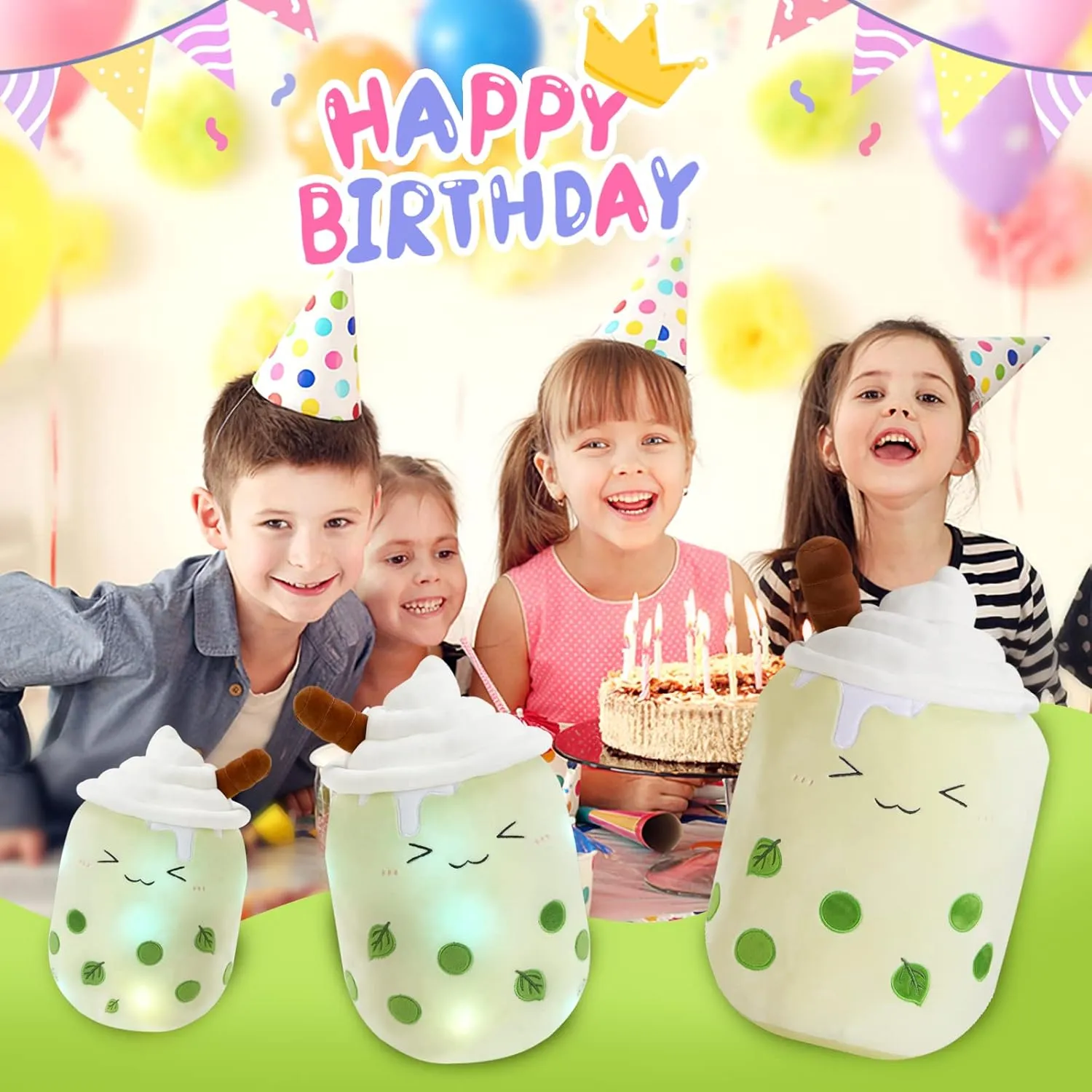 Athoinsu Light Up Matcha Boba Milk Tea Plush Pillow 15'' Kawaii Stuffed Bubble Animal Toy with LED Lights Birthday Christmas Holiday Valentines Gifts for Kids,Girls,Boys