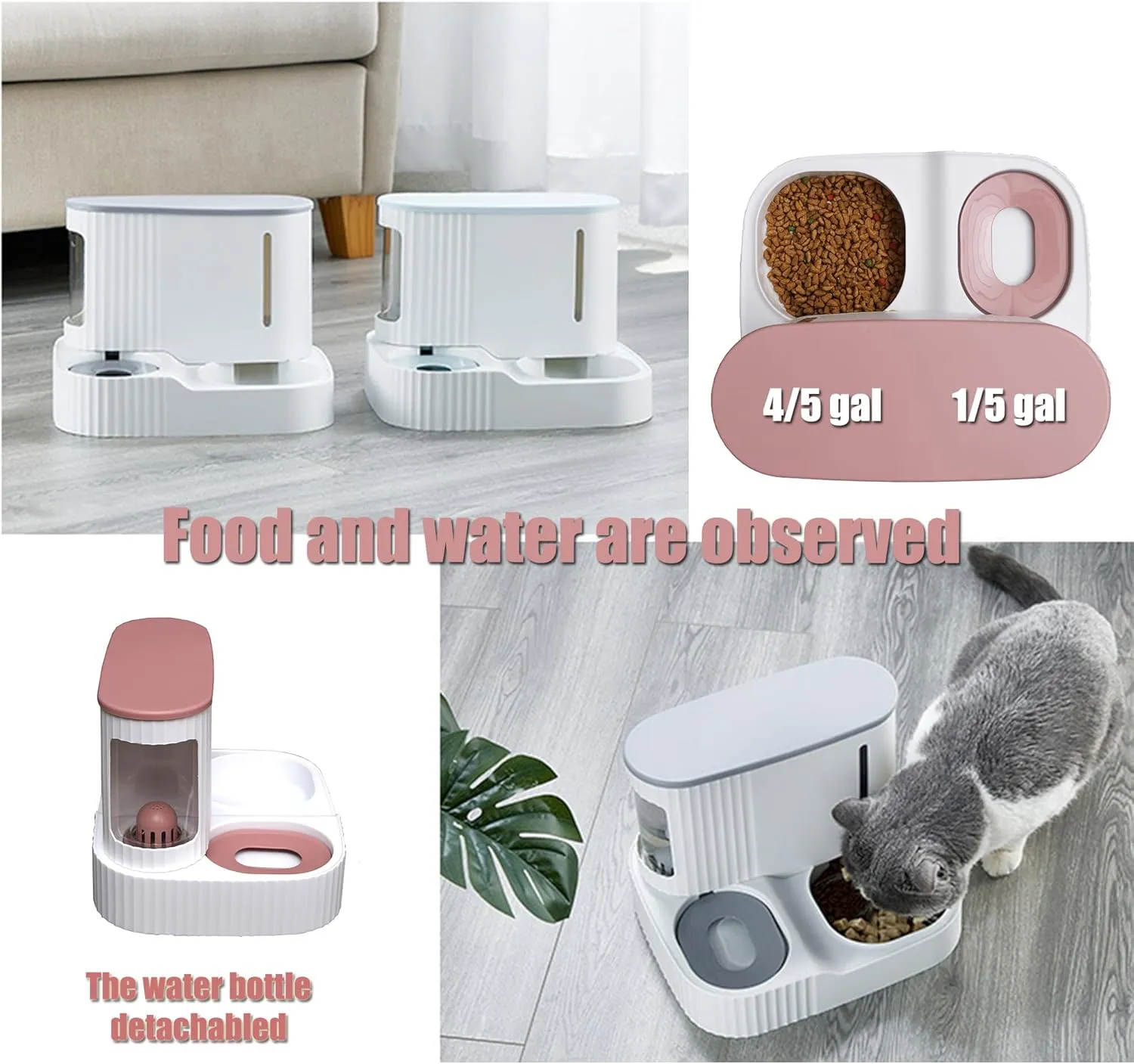 Automatic Cat Feeder,Gravity Auto Timed Pet Dry Food Self Feeding Container Dishes Bowl and Water Dispenser Fountain for Dog Puppy Kitten Kit Set Integrated 2 in 1 Continuous Tray(Pink)