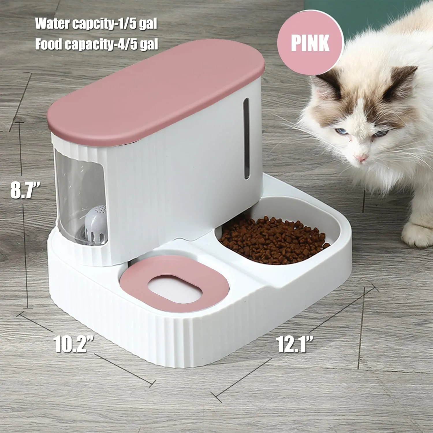 Automatic Cat Feeder,Gravity Auto Timed Pet Dry Food Self Feeding Container Dishes Bowl and Water Dispenser Fountain for Dog Puppy Kitten Kit Set Integrated 2 in 1 Continuous Tray(Pink)