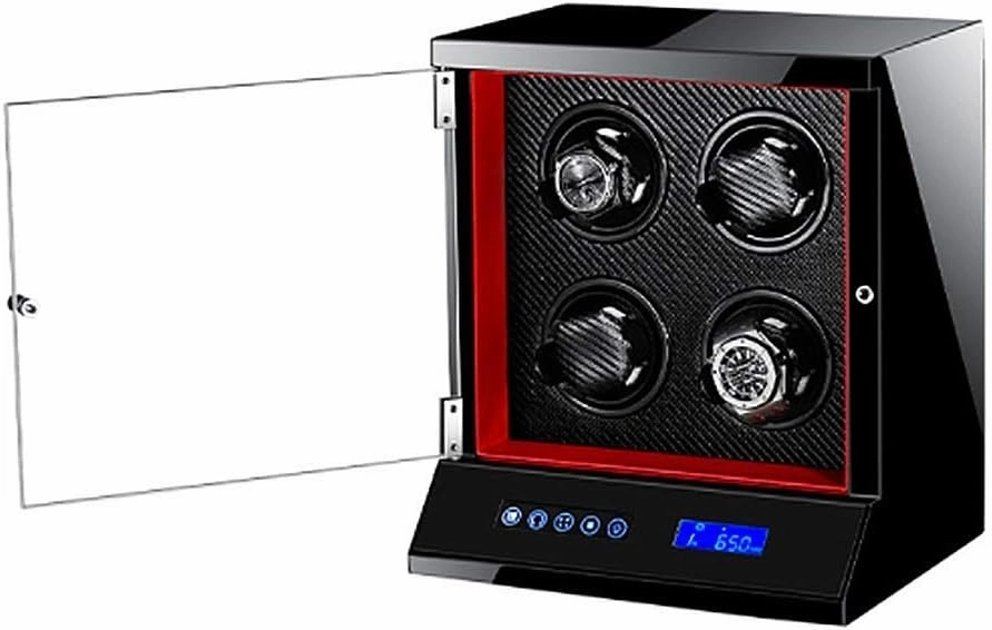 Automatic Watch Winder 4 Watches with Lock LCD Digital Display Motor 5 Rotation Modes Wooden Bowl, Piano Lacquer