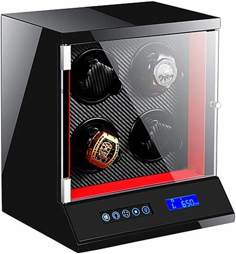 Automatic Watch Winder 4 Watches with Lock LCD Digital Display Motor 5 Rotation Modes Wooden Bowl, Piano Lacquer