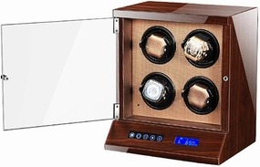 Automatic Watch Winder 4 Watches with Lock LCD Digital Display Motor 5 Rotation Modes Wooden Bowl, Piano Lacquer,Brown-A