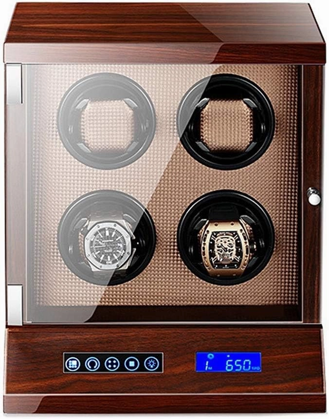 Automatic Watch Winder 4 Watches with Lock LCD Digital Display Motor 5 Rotation Modes Wooden Bowl, Piano Lacquer,Brown-A