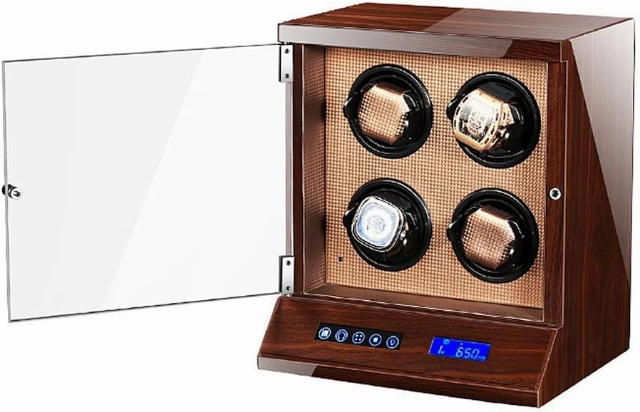 Automatic Watch Winder 4 Watches with Lock LCD Digital Display Motor 5 Rotation Modes Wooden Bowl, Piano Lacquer,Brown-A