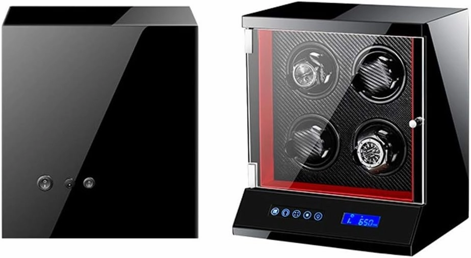 Automatic Watch Winder 4 Watches with Lock LCD Digital Display Motor 5 Rotation Modes Wooden Bowl, Piano Lacquer
