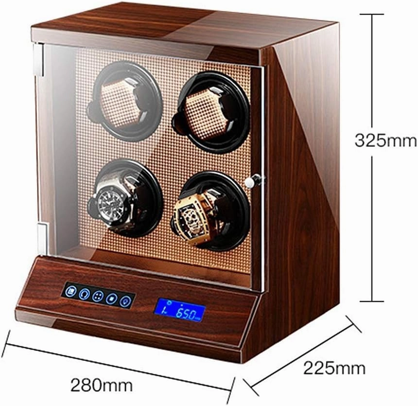 Automatic Watch Winder 4 Watches with Lock LCD Digital Display Motor 5 Rotation Modes Wooden Bowl, Piano Lacquer