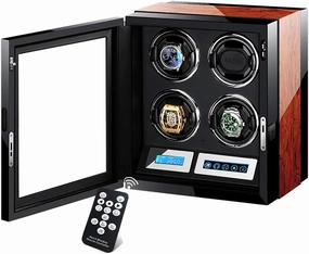 Automatic Watch Winder - Fits 4 Watches, with Remote Control & LED, Touch Display, Elegant Showcase Wooden Piano Finish