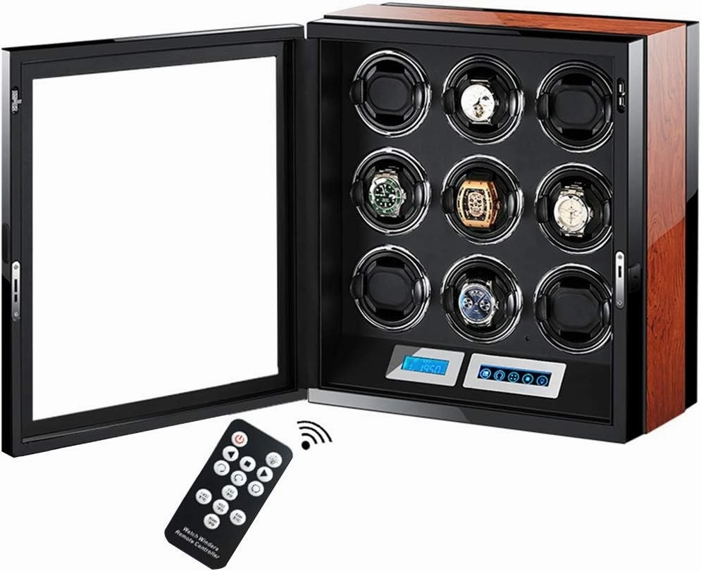 Automatic Watch Winder Box LCD Touch Screen for 9 Watches, Wooden Piano Finish with Remote Control & LED Elegant Showcase