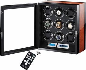 Automatic Watch Winder Box LCD Touch Screen for 9 Watches, Wooden Piano Finish with Remote Control & LED Elegant Showcase