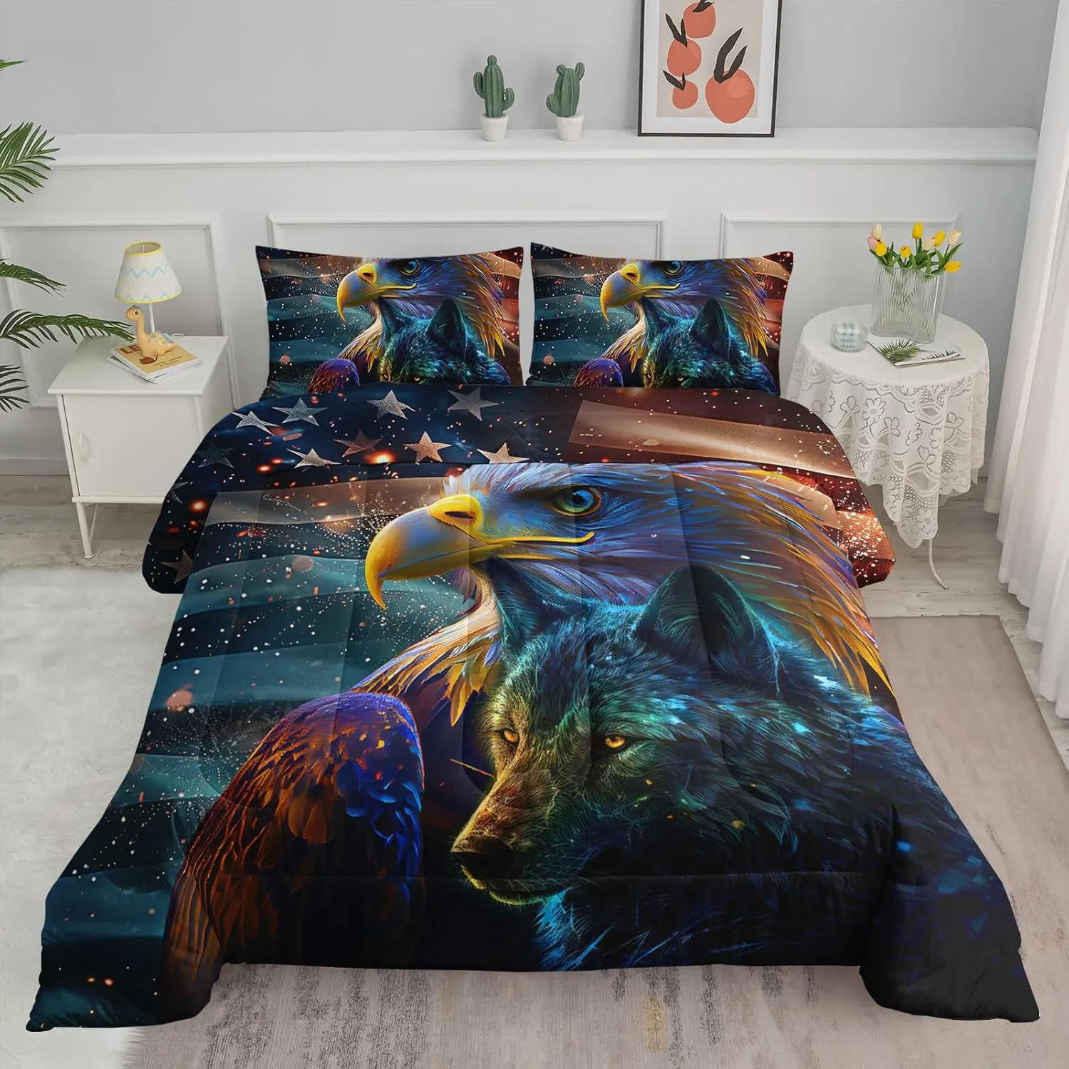 Axolotl Eagle Comforter Set for Boys,Wolf Bedding Set Twin Size Wild Animal Comforter Set for Teens Men,Bald Eagle Bedding for Women American Flag Quilt Set 3Pcs US Flag Bed Set with 2 Pillowcases