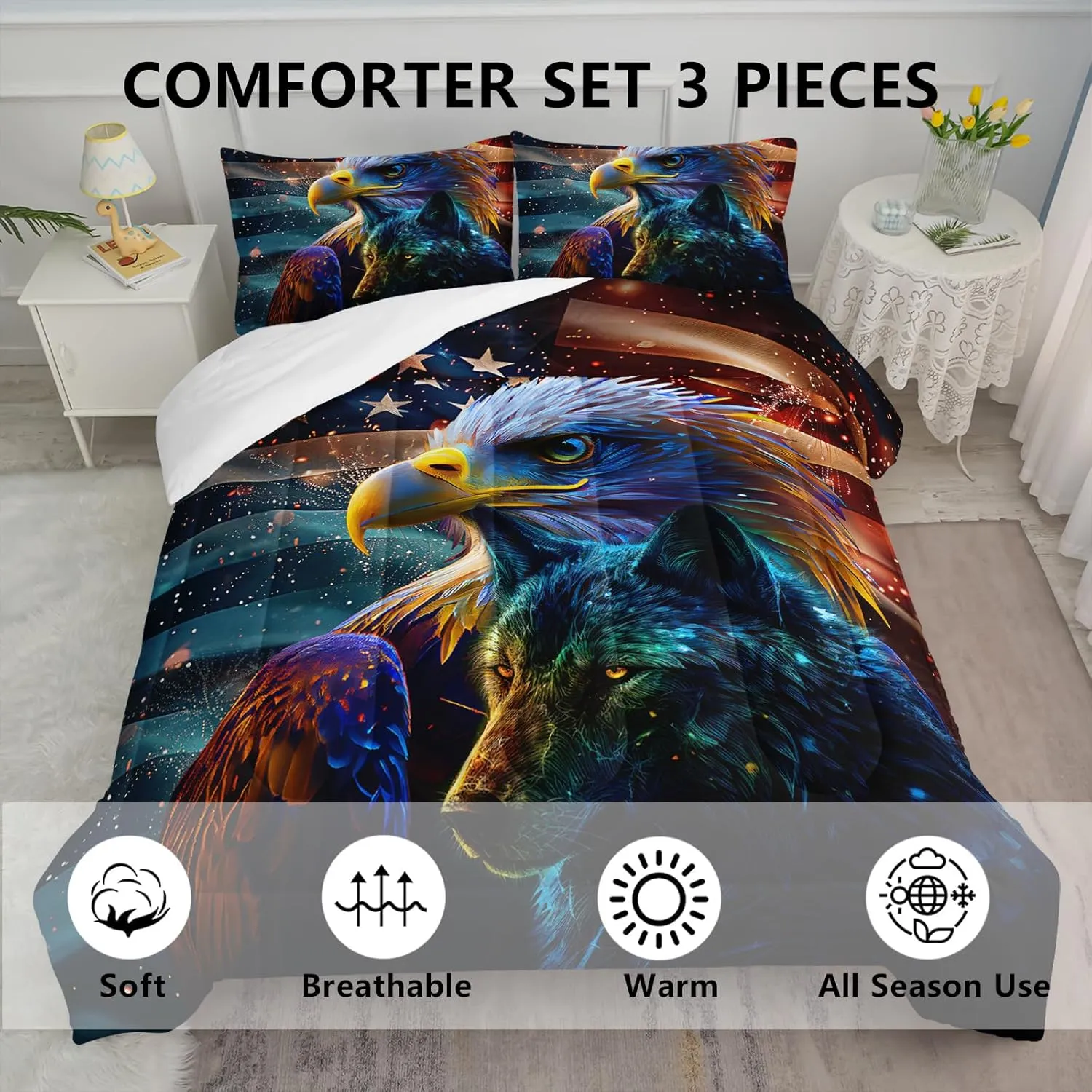 Axolotl Eagle Comforter Set for Boys,Wolf Bedding Set Twin Size Wild Animal Comforter Set for Teens Men,Bald Eagle Bedding for Women American Flag Quilt Set 3Pcs US Flag Bed Set with 2 Pillowcases