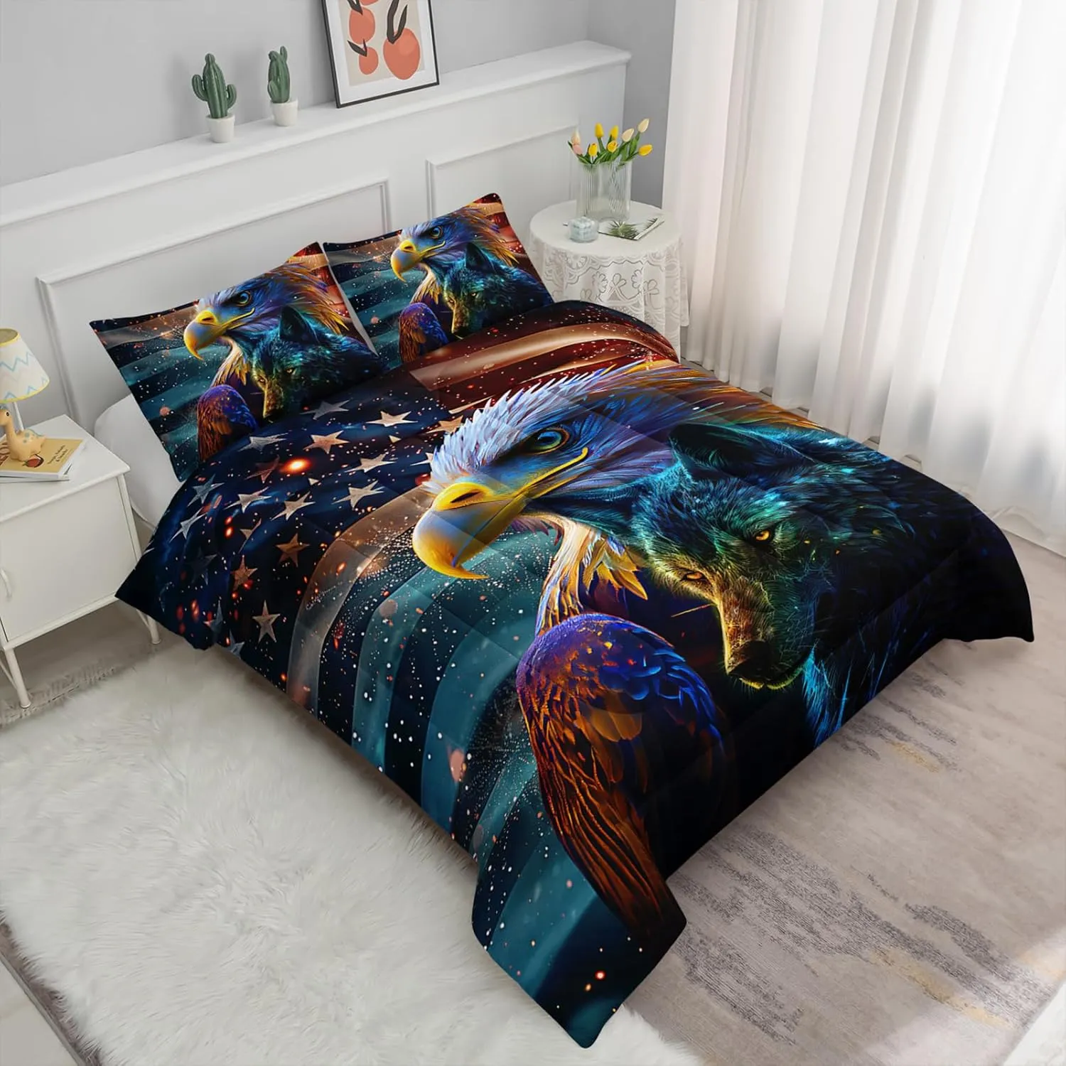 Axolotl Eagle Comforter Set for Boys,Wolf Bedding Set Twin Size Wild Animal Comforter Set for Teens Men,Bald Eagle Bedding for Women American Flag Quilt Set 3Pcs US Flag Bed Set with 2 Pillowcases