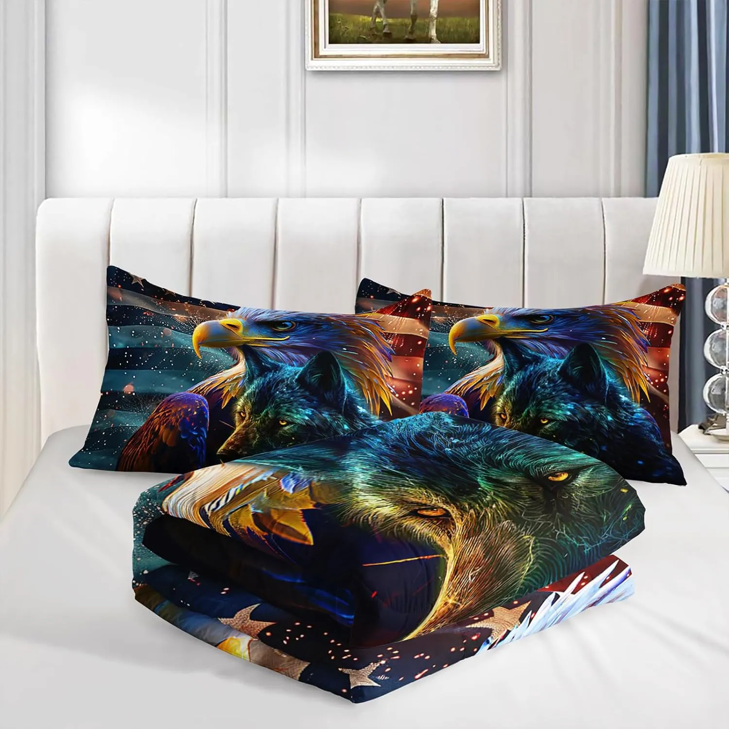Axolotl Eagle Comforter Set for Boys,Wolf Bedding Set Twin Size Wild Animal Comforter Set for Teens Men,Bald Eagle Bedding for Women American Flag Quilt Set 3Pcs US Flag Bed Set with 2 Pillowcases