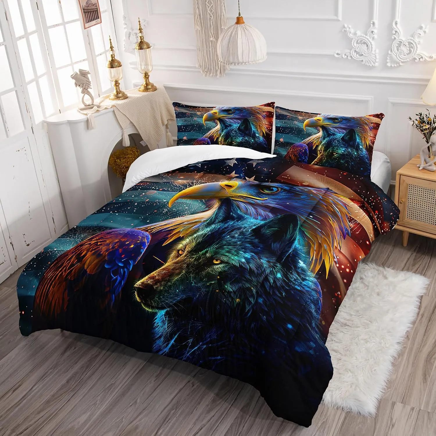 Axolotl Eagle Comforter Set for Boys,Wolf Bedding Set Twin Size Wild Animal Comforter Set for Teens Men,Bald Eagle Bedding for Women American Flag Quilt Set 3Pcs US Flag Bed Set with 2 Pillowcases
