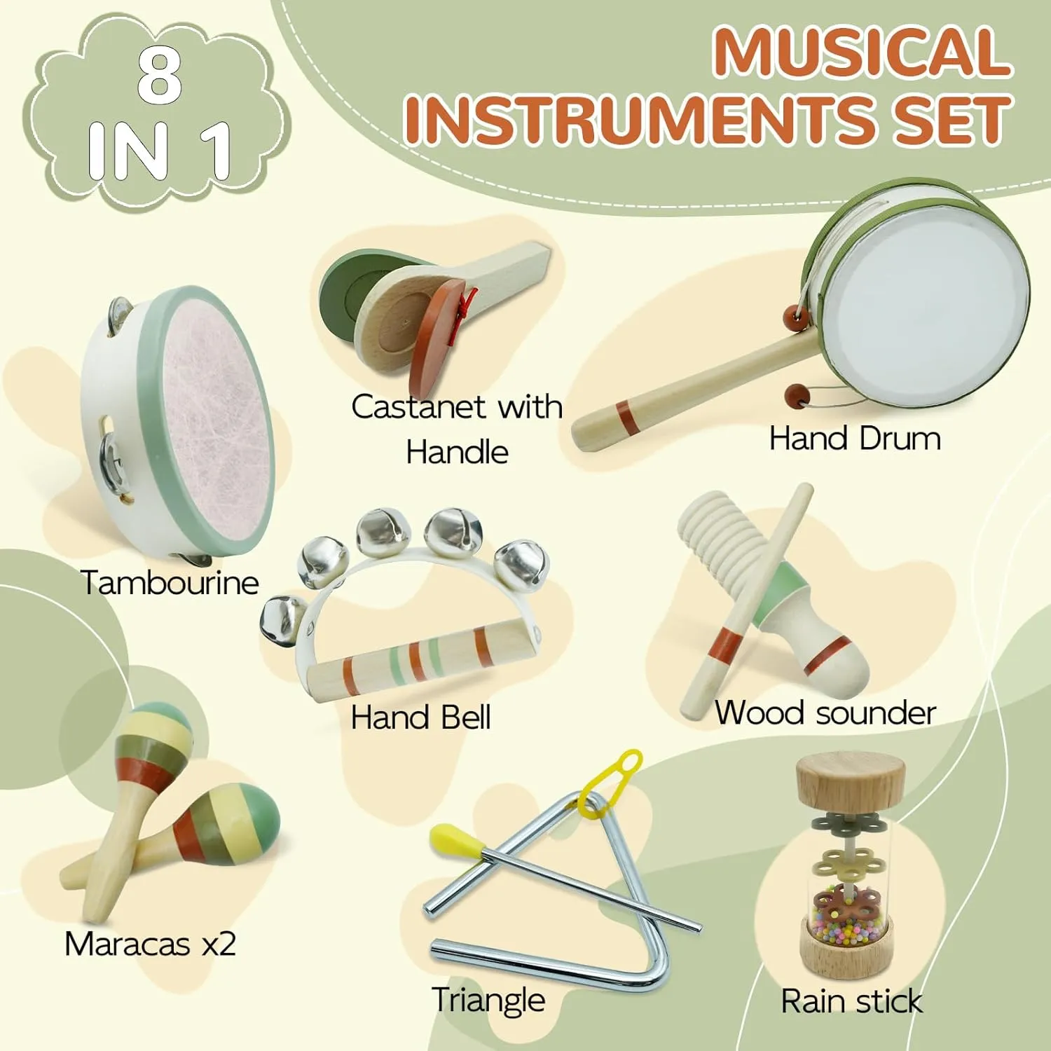 Baby Musical Instruments, Montessori Wooden Music Toys for Toddlers, Percussion Kids Musical Instruments Set for Toddler 3 4 5, Baby Musical Drum, Preschool Educational Wooden Toys for Kids for 3 