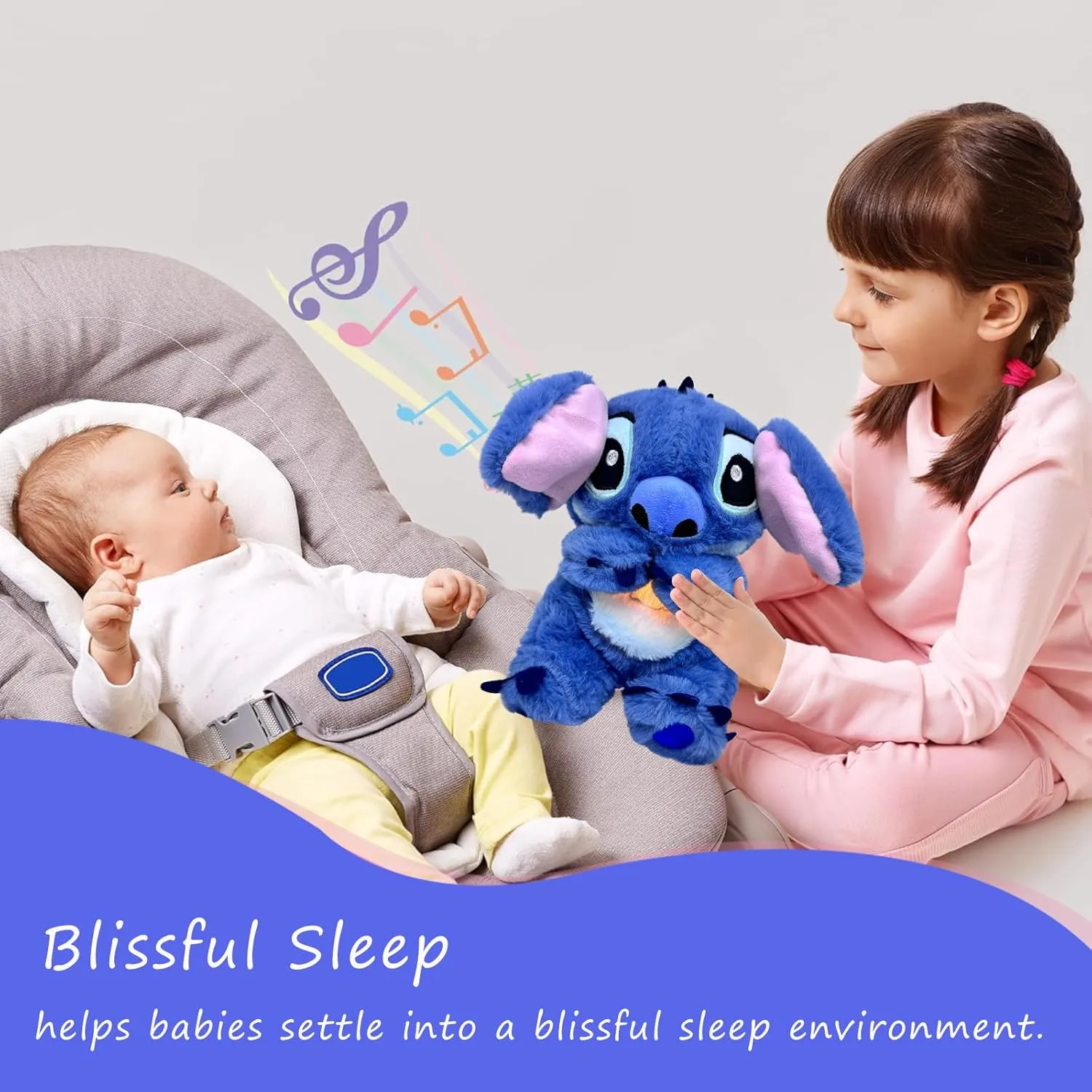 Baby Sound Machine Breathing Otter, Sensory Details Music Lights Rhythmic Breathing Motion Musical Baby Toy Plush for Newborns (Battery Not Includ)