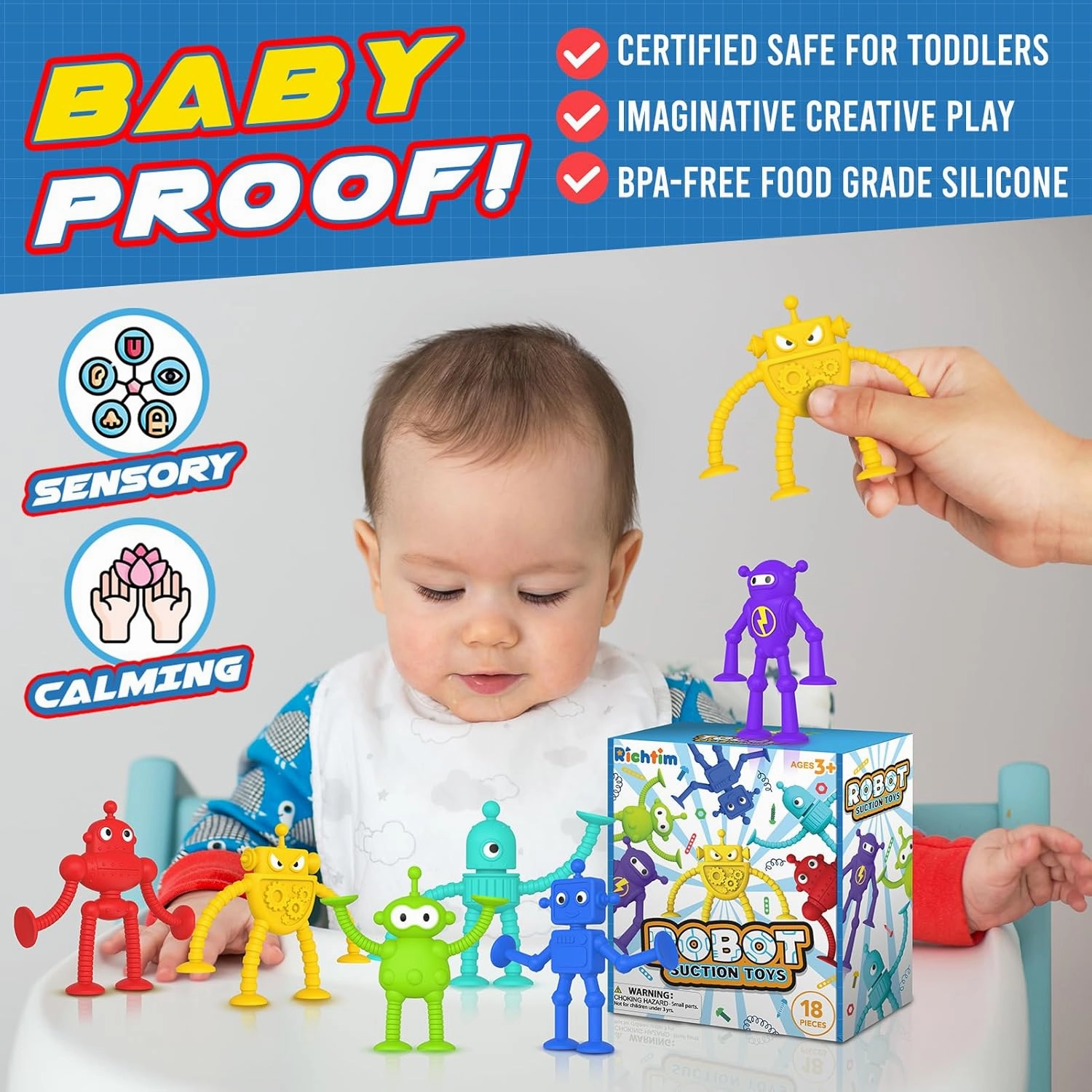 Baby Suction Toy Bath Toys: 18PCS No Hole Bath Toy for Toddlers, Robot Fidget Toys for Boys Girls Gifts Prizes, Sensory Toys for Fun & Creativity, Perfect Travel Toys Road Trip Activities for Kids