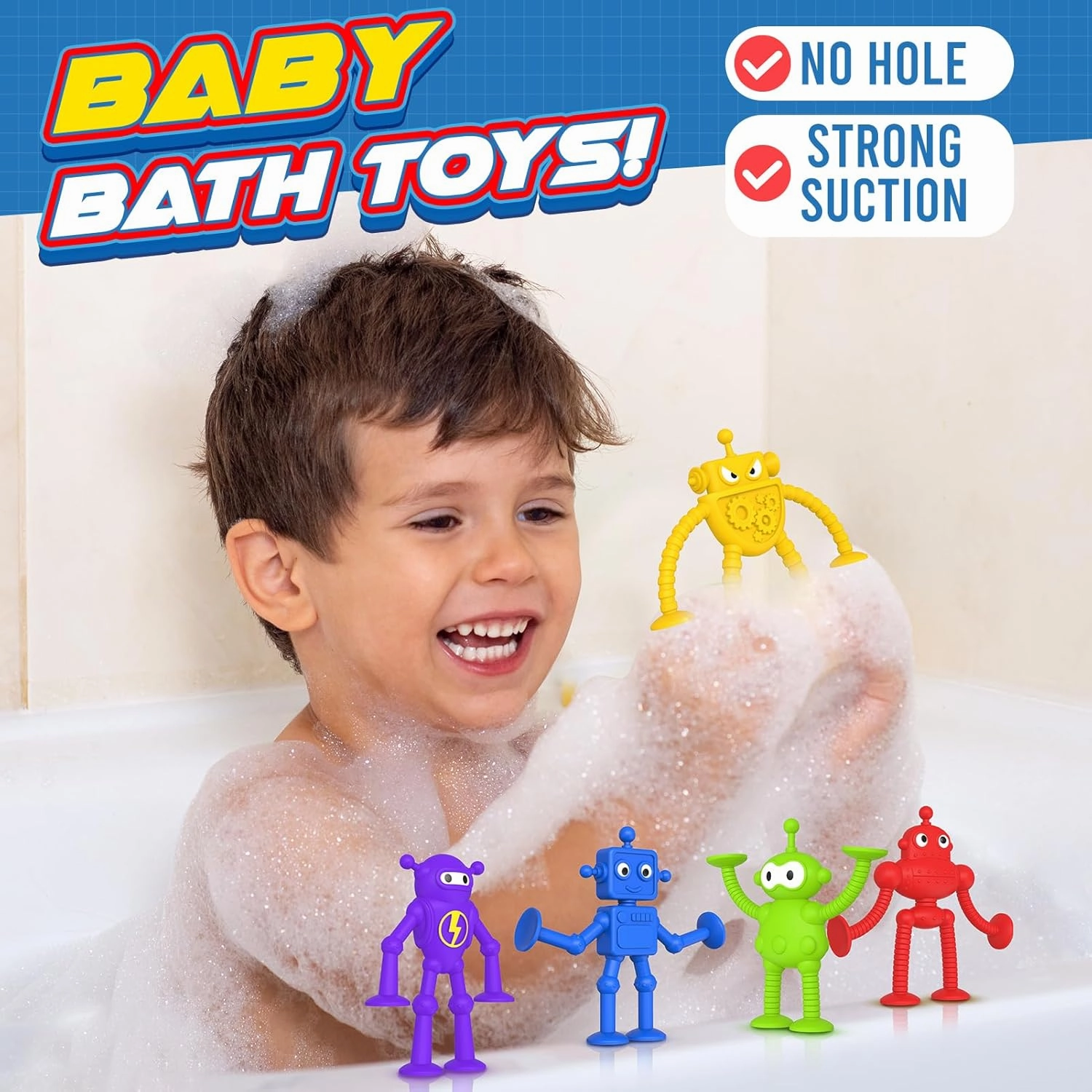 Baby Suction Toy Bath Toys: 18PCS No Hole Bath Toy for Toddlers, Robot Fidget Toys for Boys Girls Gifts Prizes, Sensory Toys for Fun & Creativity, Perfect Travel Toys Road Trip Activities for Kids