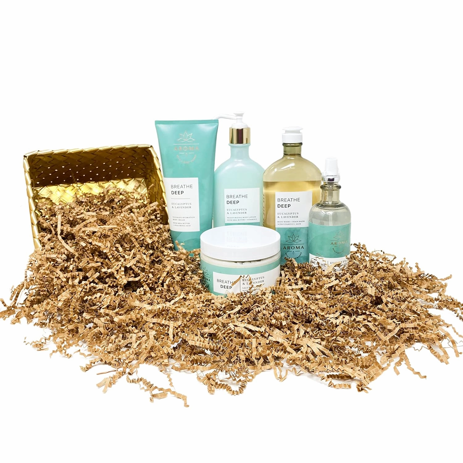 Bath & Body Works Aromatherapy Breathe Deep EUCALYPTUS & LAVENDER Gold Woven Basket 5 Piece Gift Set - Body Lotion - Body Wash   Foam Bath - Body Scrub - Body Cream - Essential Oil Mist - Full Size