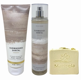 Bath & Body Works Sunwashed Santal Body Cream and Fragrance Mist Duo Set with a Wild Jasmine Bar Soap - Full Size